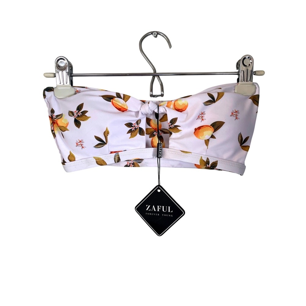 Zaful‎ Lemon Print Bandeau Bikini Top White Citrus Floral Knot Front Size S NWT